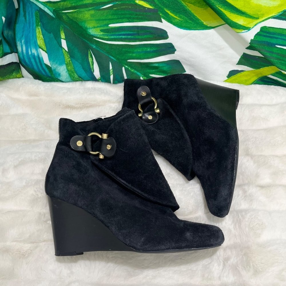 JONES New York Women’s 6 Dawson Black Leather Suede Buckle Fall Wedge Booties